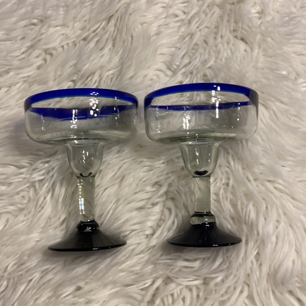 Set Of Two Margarita Glasses Hand Blown Mexican Glass Barware Blue Rim And Base